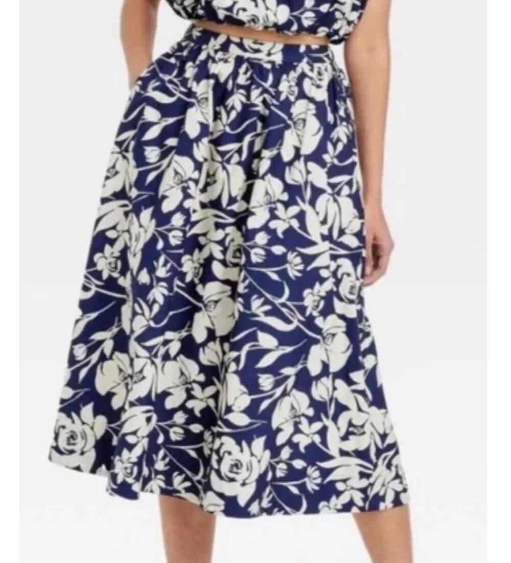 A New Day Floral Midi Skirt Navy/White 1X NWT